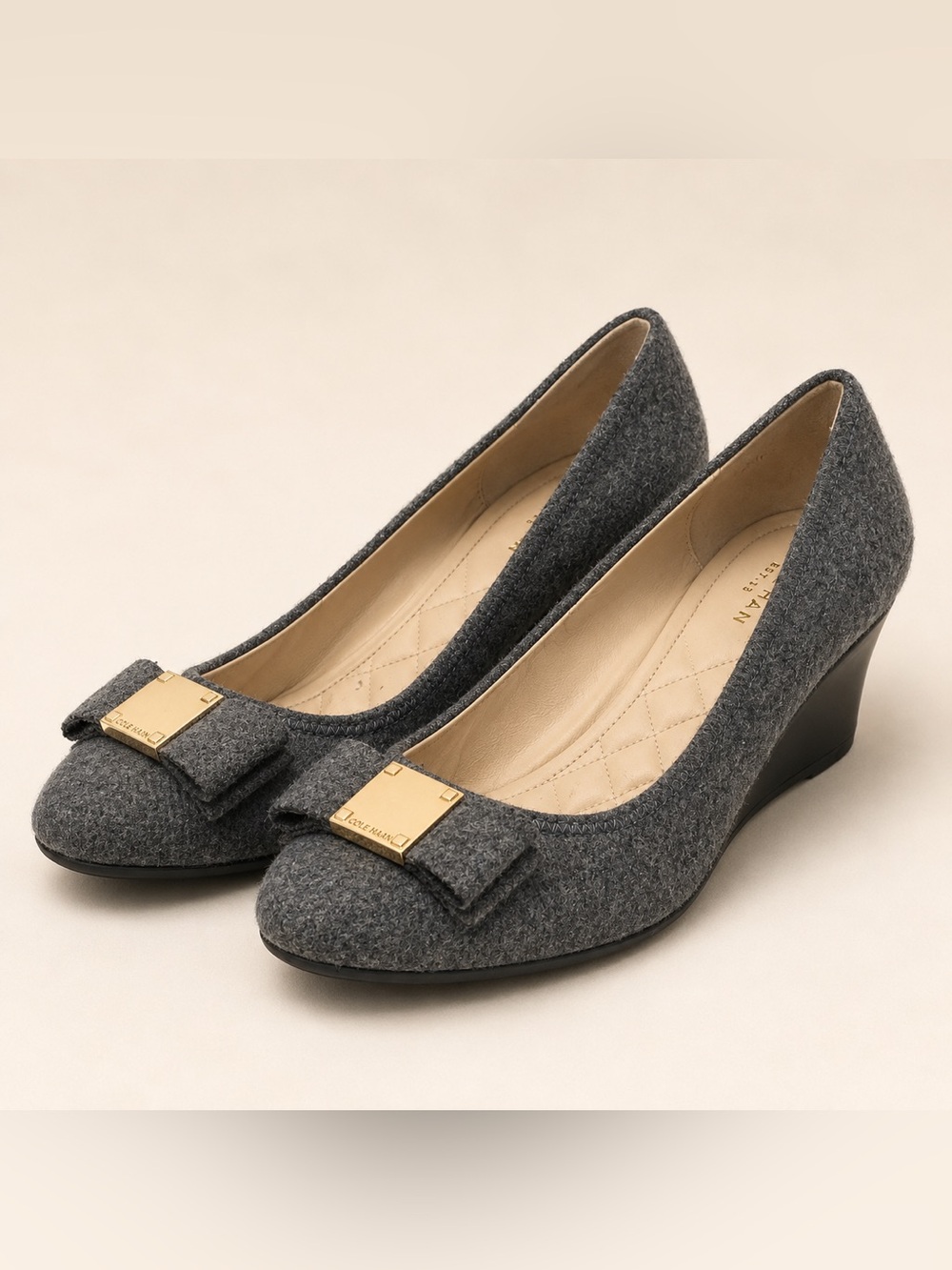 Cole Haan • Gray Wool Bow Wedge Pumps • Gold Logo Accent • Size 8